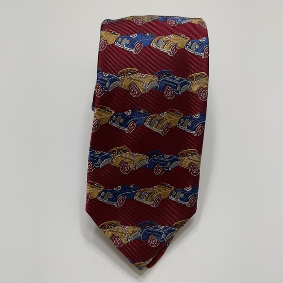 Robert Talbott Best of Class Ruby Red Tie #12 Vintage Race Cars in Blue & Yellow - Picture 1 of 5